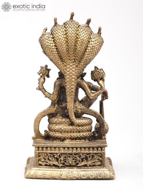 3" Small Four Armed Lord Vishnu Seated on Sheshnag Throne | Handmade | Copper Statue