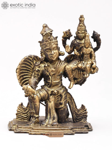 2" Small Garuda Dev Lifting Lord Vishnu and Goddess Lakshmi on Shoulder | Copper Statue | Made in India