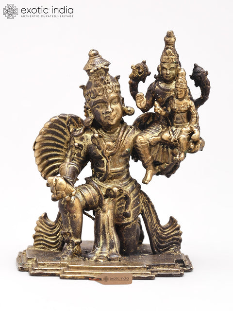 2" Small Garuda Dev Lifting Lord Vishnu and Goddess Lakshmi on Shoulder | Copper Statue | Made in India