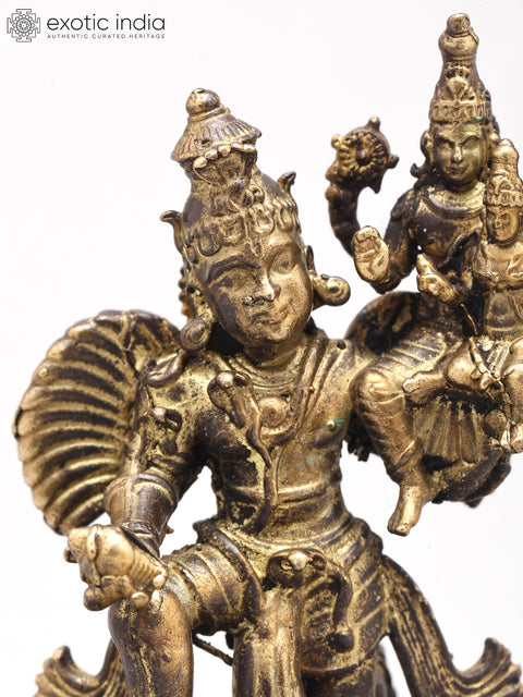2" Small Garuda Dev Lifting Lord Vishnu and Goddess Lakshmi on Shoulder | Copper Statue | Made in India