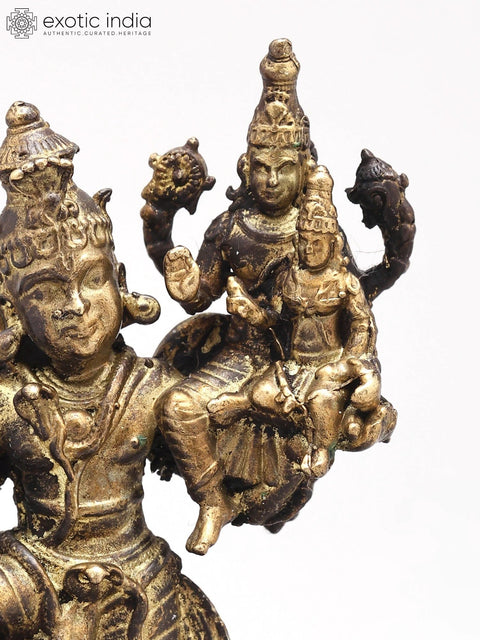 2" Small Garuda Dev Lifting Lord Vishnu and Goddess Lakshmi on Shoulder | Copper Statue | Made in India