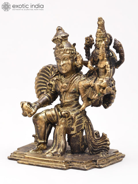 Small Garuda Dev Lifting Lord Vishnu and Goddess Lakshmi on his Shoulder | Copper Statue | Made in India