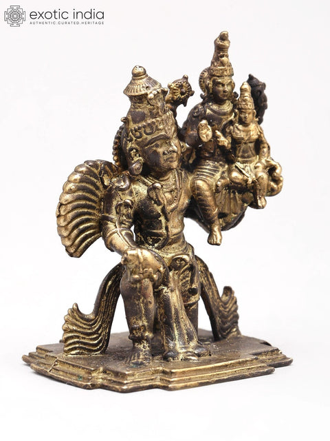 2" Small Garuda Dev Lifting Lord Vishnu and Goddess Lakshmi on Shoulder | Copper Statue | Made in India