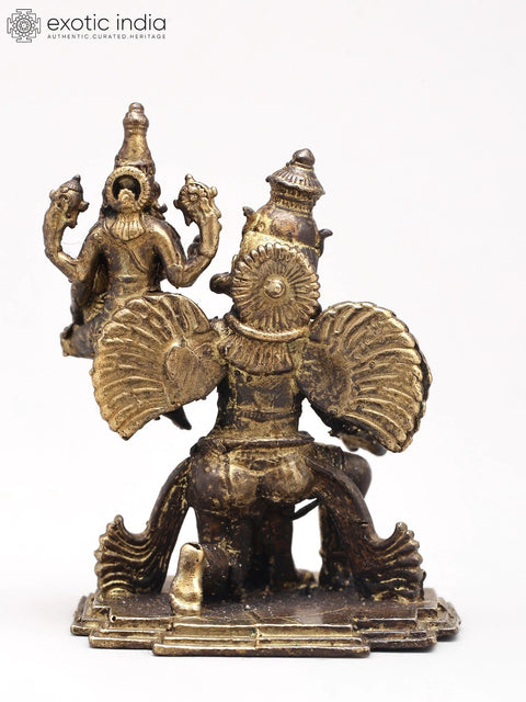 2" Small Garuda Dev Lifting Lord Vishnu and Goddess Lakshmi on Shoulder | Copper Statue | Made in India