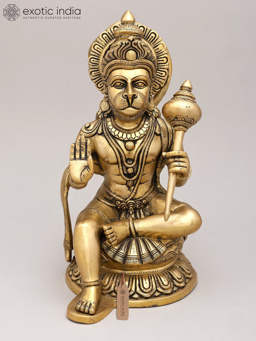 14" Sitting Lord Hanuman Blessing Gesture Brass Statue