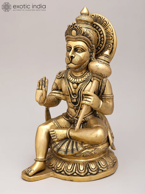 14" Sitting Lord Hanuman in Blessing Gesture | Brass Statue