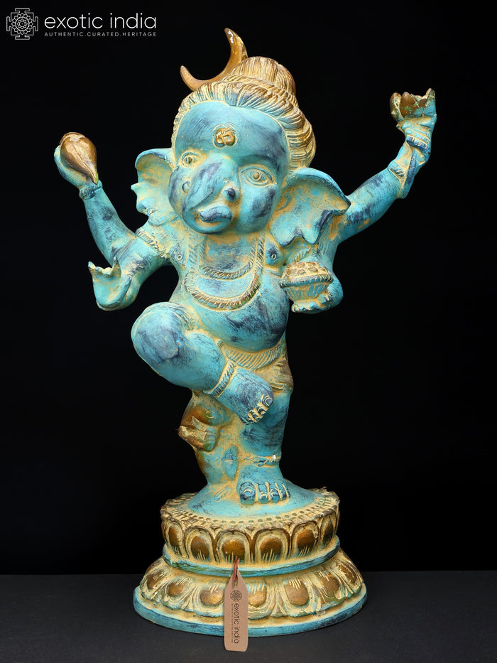 15" Handmade Blue Dancing Lord Ganesha Brass Statue