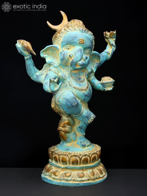 15" Blue Color Dancing Lord Ganesha | Brass Statue