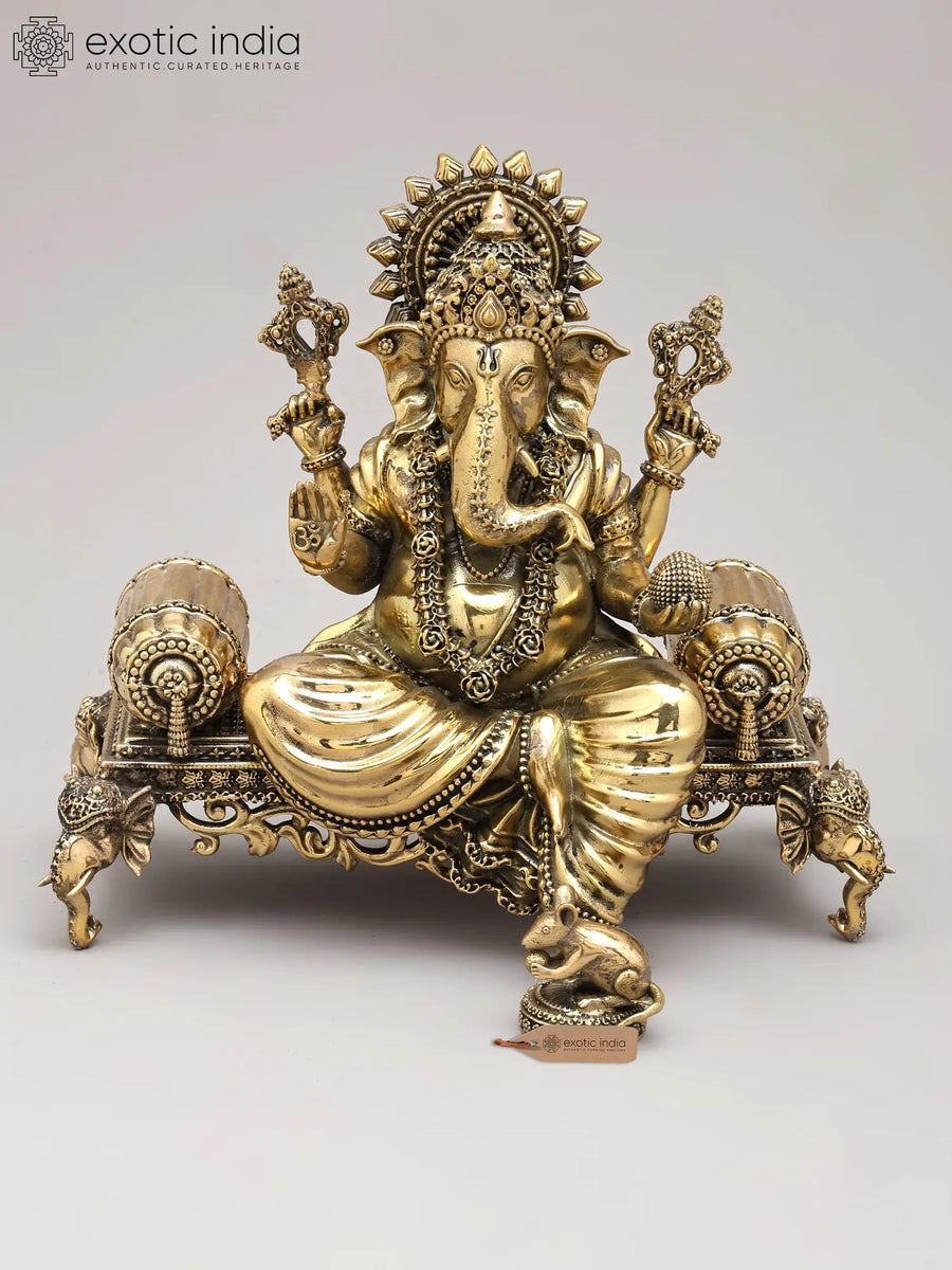 8" Four Armed Ganesha on Royal Throne Brass Statue with Mushaka