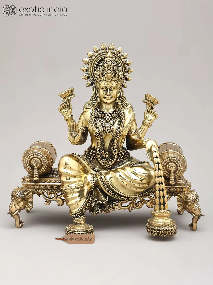 8" Four Armed Dhanalakshmi Brass Statue on Singhasan Throne