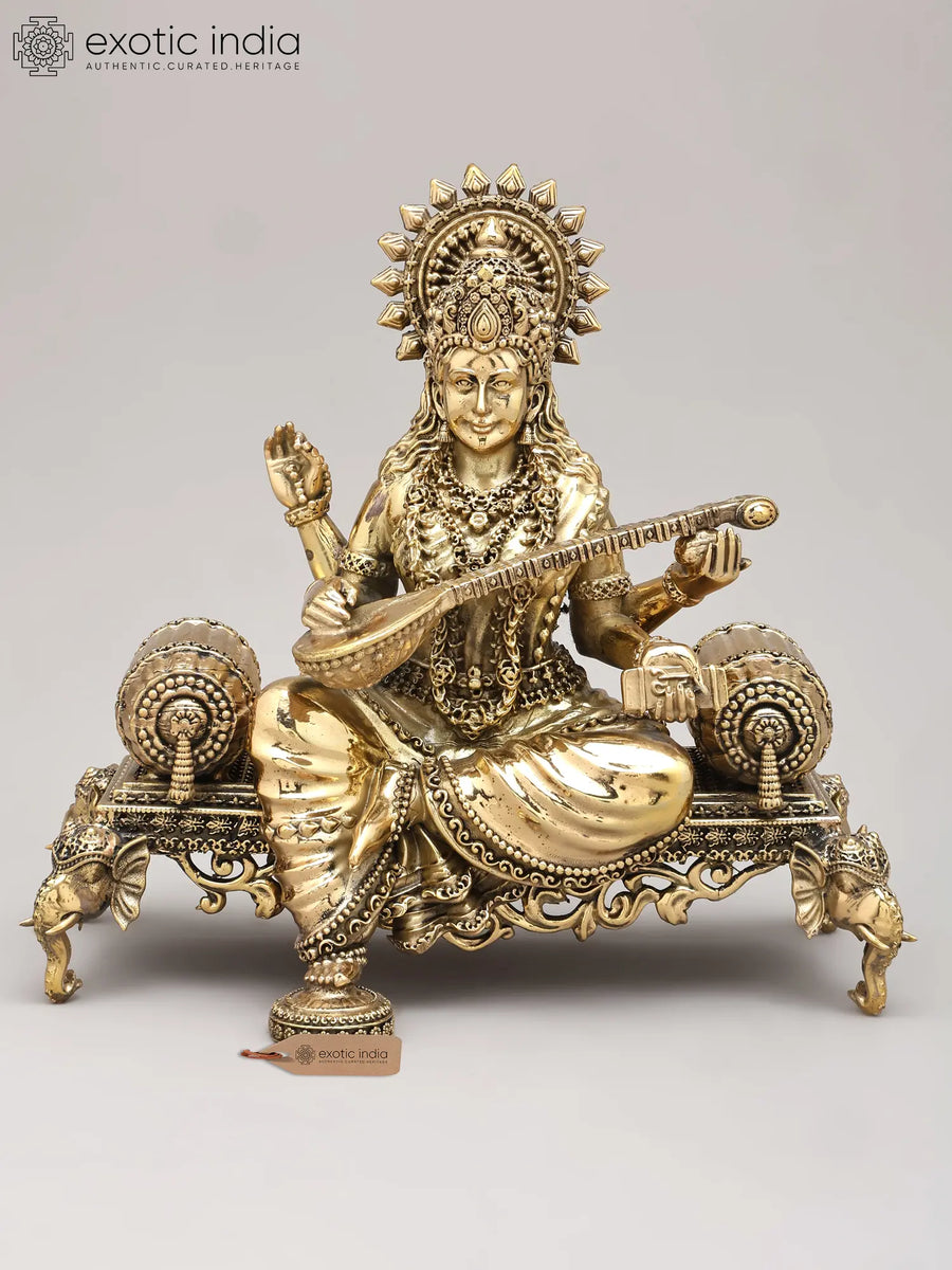 8" Brass Goddess Saraswati Playing Veena Handmade Sculpture