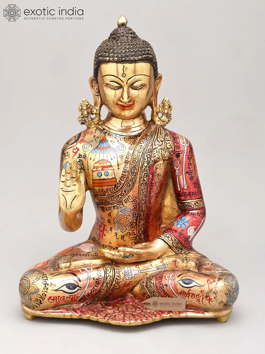 13" Hand-Painted Buddha with Tantrik Imagery Brass Sculpture