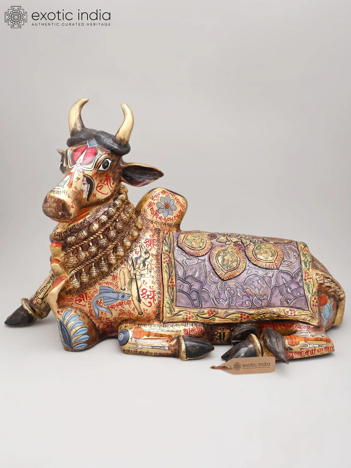 26" Nandi (Bhakt of Lord Shiva) Hand-Painted with Devotional imagery | Brass Sculpture