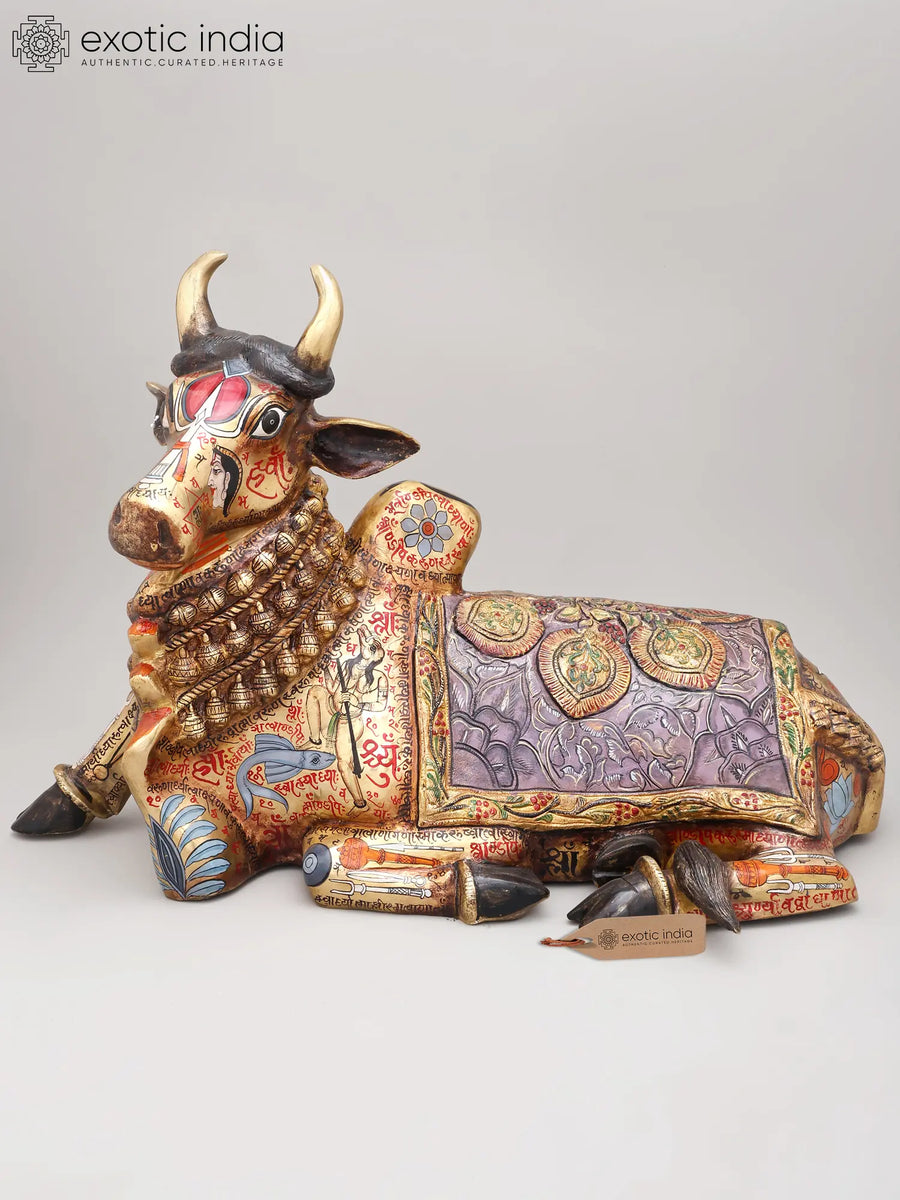 26" Nandi Brass Sculpture Hand-Painted Devotional Imagery