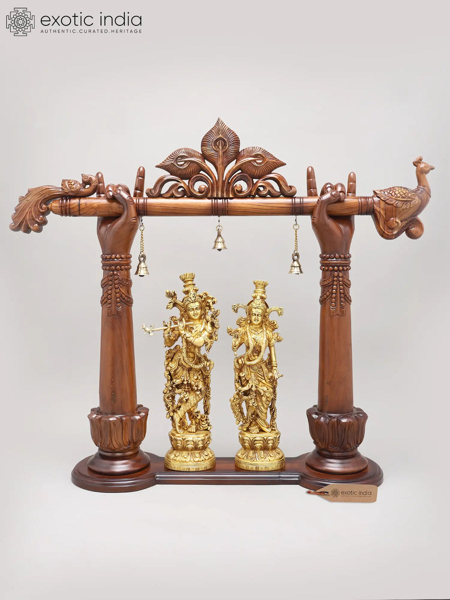 32" Radha Krishna Brass Idol with Wood Carved Arch Sculpture