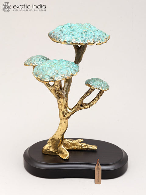 7" Handcrafted Brass Bonsai Tree Sculpture on Wood Base | Tabletop Home Decor