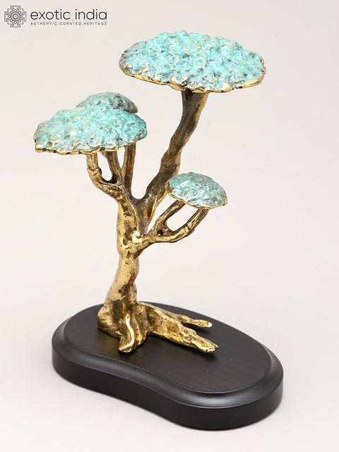 7" Handcrafted Brass Bonsai Tree Sculpture on Wood Base | Tabletop Home Decor