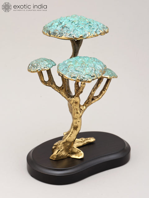 7" Handcrafted Brass Bonsai Tree Sculpture on Wood Base | Tabletop Home Decor