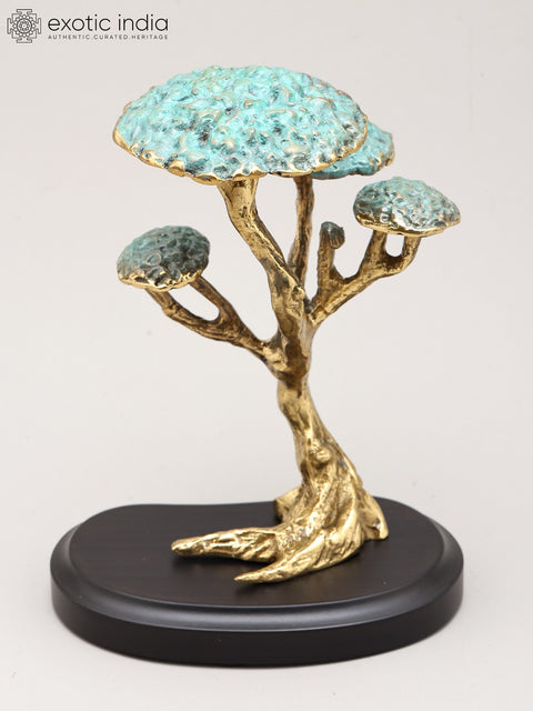 7" Handcrafted Brass Bonsai Tree Sculpture on Wood Base | Tabletop Home Decor