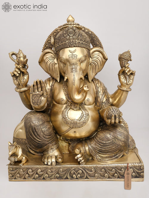 33" Large Four Armed Blessing Ganesha Brass Statue for Home Decor