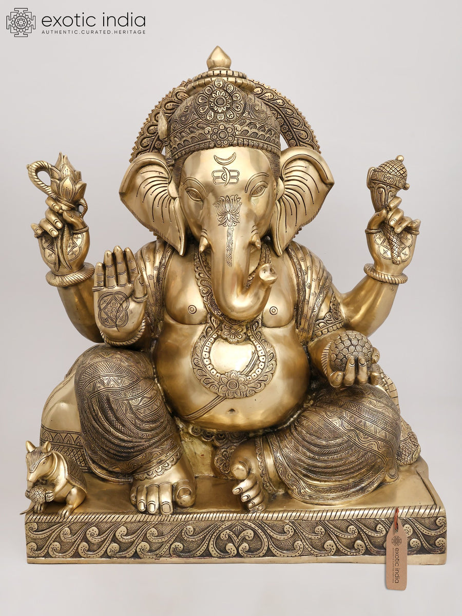 33" Large Four Armed Blessing Ganesha Brass Statue for Home Decor