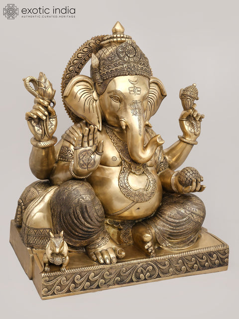 33" Large Fine Four Armed Blessing Lord Ganesha | Brass Statue