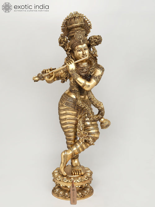 45" Large Lord Krishna Playing Flute Brass Statue
