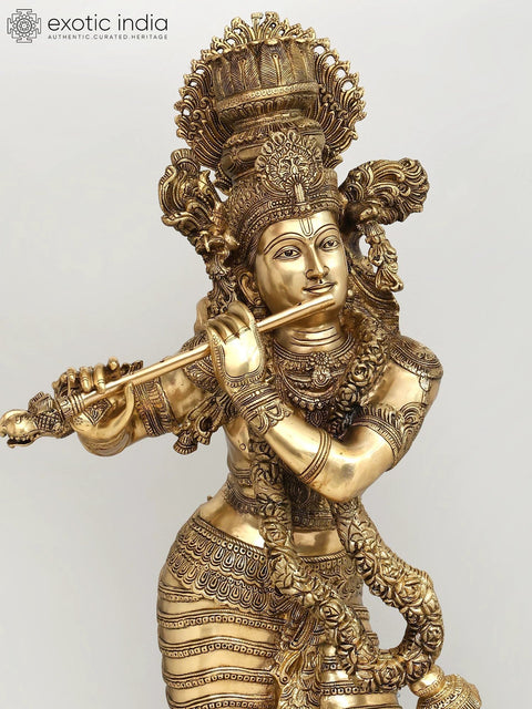 45" Large Superfine Lord Krishna Playing Flute | Brass Statue