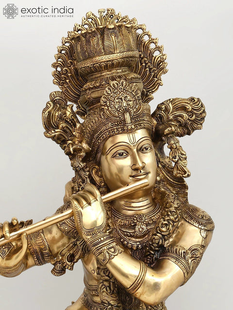 45" Large Superfine Lord Krishna Playing Flute | Brass Statue