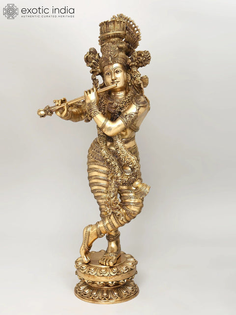 45" Large Superfine Lord Krishna Playing Flute | Brass Statue