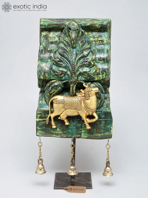 18" Sacred Kamadhenu Cow on Wood Base with Dangling Brass Bells