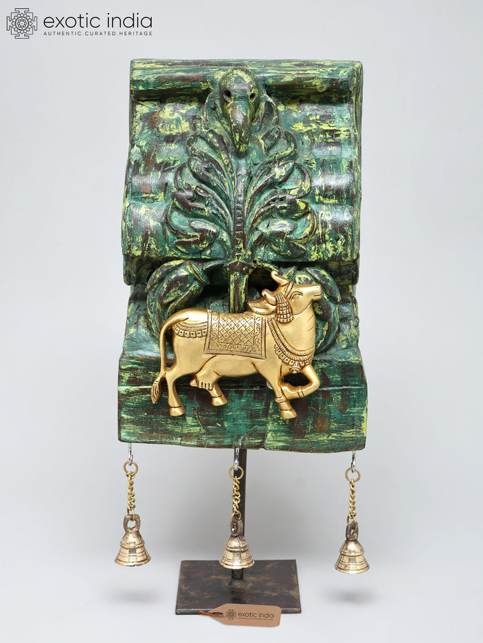 18" Handmade Kamadhenu Cow Brass Statue with Wood Base and Bells