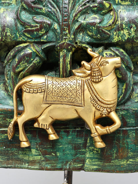 18" Sacred Kamadhenu Cow on Wood Base with Dangling Brass Bells