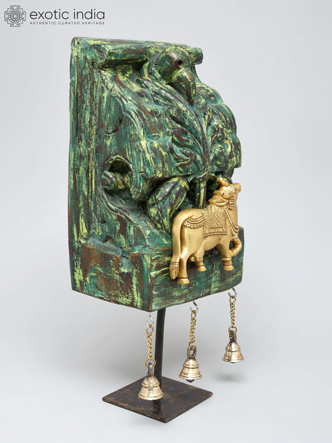 18" Sacred Kamadhenu Cow on Wood Base with Dangling Brass Bells
