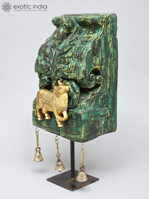 18" Sacred Kamadhenu Cow on Wood Base with Dangling Brass Bells