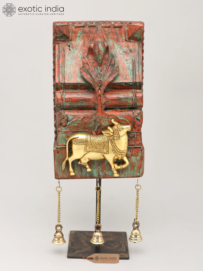 18" Handmade Kamadhenu Cow Brass Statue with Wooden Backdrop