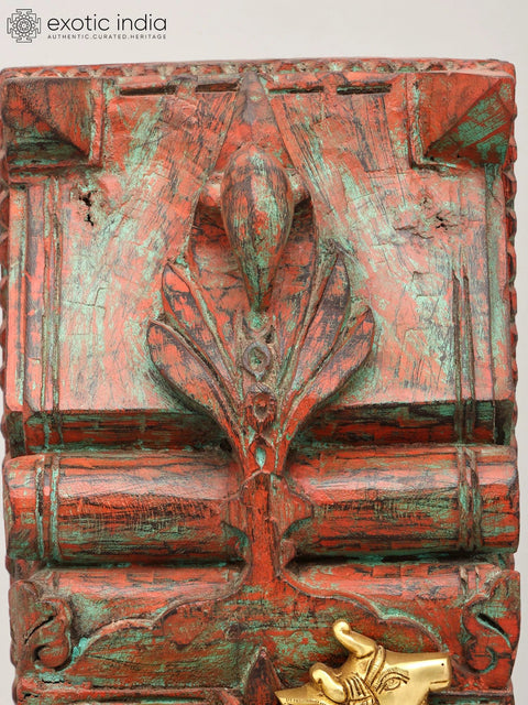 18" Kamadhenu Cow on Vintage Wooden Backdrop with Brass Bells