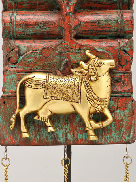 18" Kamadhenu Cow on Vintage Wooden Backdrop with Brass Bells