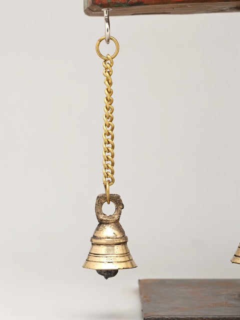 18" Kamadhenu Cow on Vintage Wooden Backdrop with Brass Bells