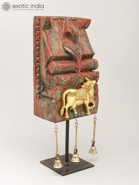 18" Kamadhenu Cow on Vintage Wooden Backdrop with Brass Bells