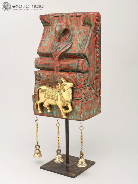 18" Kamadhenu Cow on Vintage Wooden Backdrop with Brass Bells