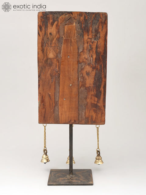 18" Kamadhenu Cow on Vintage Wooden Backdrop with Brass Bells