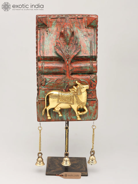 18" Kamadhenu Cow on Vintage Wooden Backdrop with Brass Bells