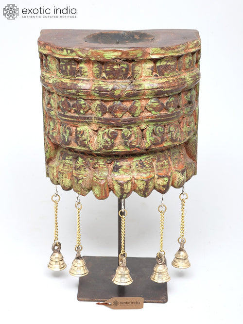 15" Wood Candle Stand with Brass Bells and Iron Base