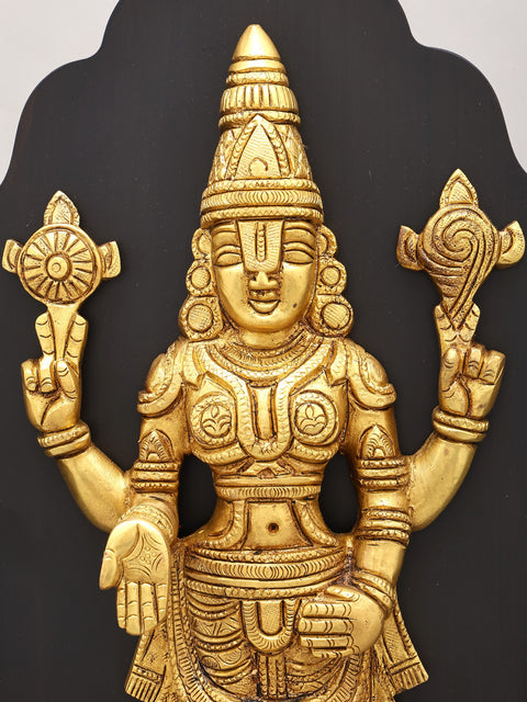 18" Wood Framed Tirupati Balaji (Venkateshvara) Statue in Brass | Wall Hanging