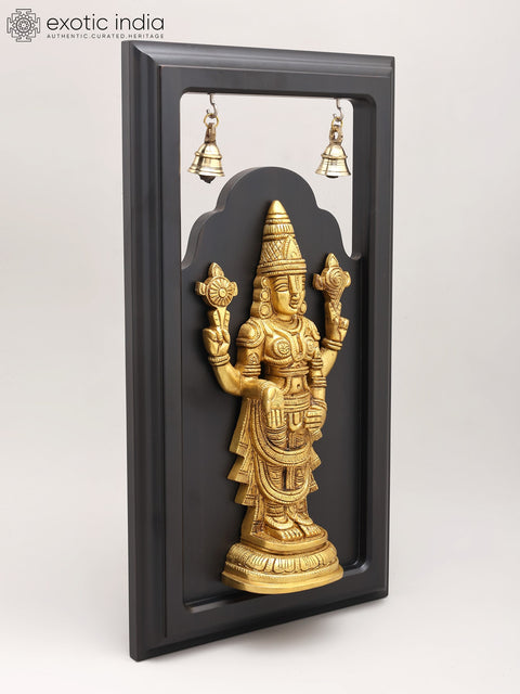 18" Wood Framed Tirupati Balaji (Venkateshvara) Statue in Brass | Wall Hanging