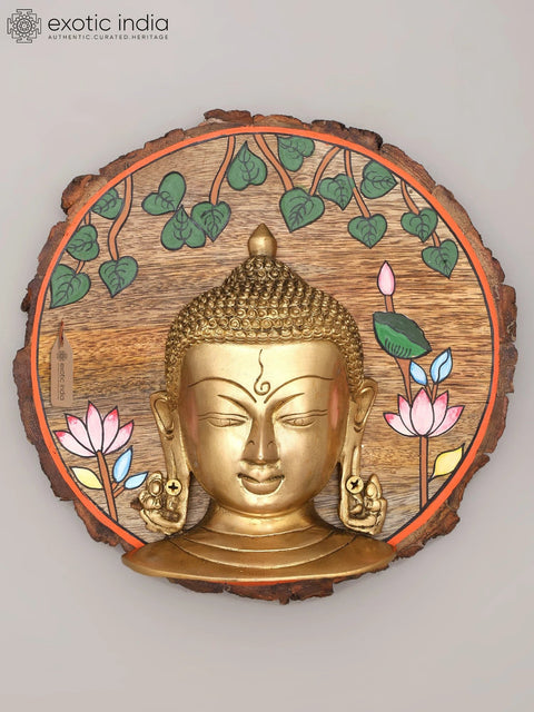 9" Gautam Buddha Face Wall Hanging | Wood Framed Brass Sculpture