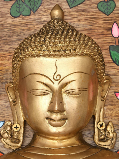 9" Gautam Buddha Face Wall Hanging | Wood Framed Brass Sculpture