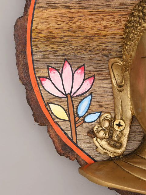 9" Gautam Buddha Face Wall Hanging | Wood Framed Brass Sculpture