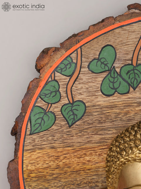 9" Gautam Buddha Face Wall Hanging | Wood Framed Brass Sculpture